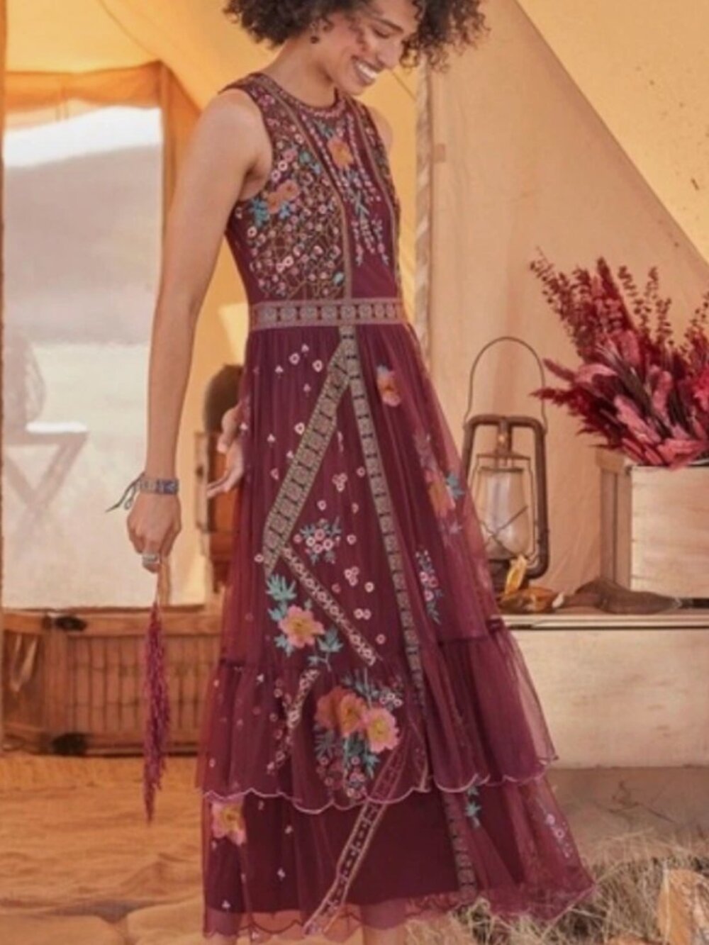 NWT Sundance Miraflores Maxi Dress Embroidered Mesh Burgundy Ruffle, Size M NWOT